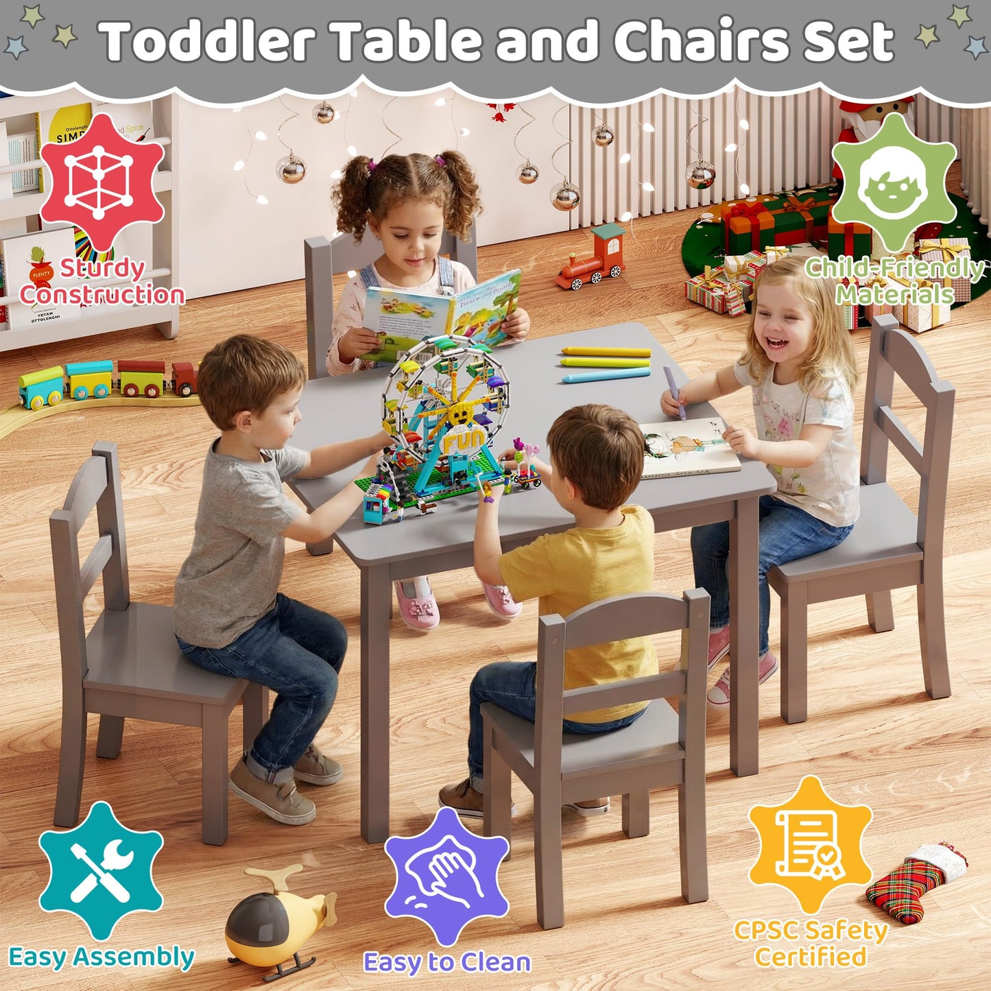Wooden Kids Table and Chairs Set for Activities