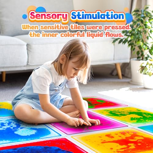 Sensory Floor Tiles: Liquid Play Mats Sensory Pads for Kids Toddlers, 9PCS Autism Sensory Toys, 12"x12" Lava Tiles for Dancing Learning, Special Education Classroom Must Haves, Gross Motor Development