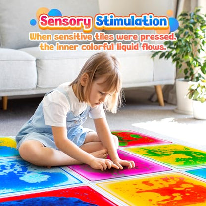 Sensory Floor Tiles: Liquid Play Mats Sensory Pads for Kids Toddlers, 9PCS Autism Sensory Toys, 12"x12" Lava Tiles for Dancing Learning, Special Education Classroom Must Haves, Gross Motor Development
