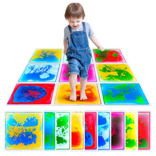Sensory Floor Tiles: Liquid Play Mats Sensory Pads for Kids Toddlers, 9PCS Autism Sensory Toys, 12"x12" Lava Tiles for Dancing Learning, Special Education Classroom Must Haves, Gross Motor Development