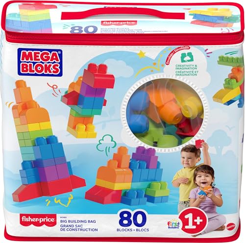 MEGA BLOKS First Builders Toddler Blocks Toys Set, Big Building Bag with 80 Pieces and Storages