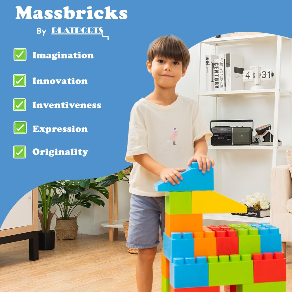 MassBricks Jumbo Plastic Building Blocks - Giant Toddler Bricks Kids, Boys, Girls Age 2-8 Play Large Educational, Construction, Stacking Toys BPA Free