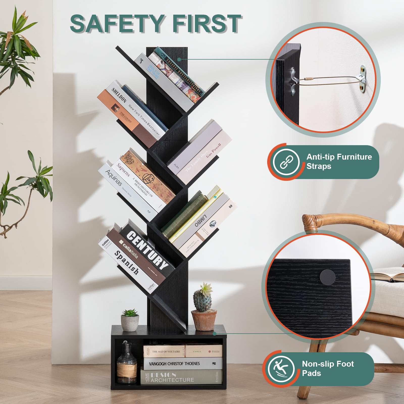 Tree Shape Kids Bookshelf with 6 Shelves