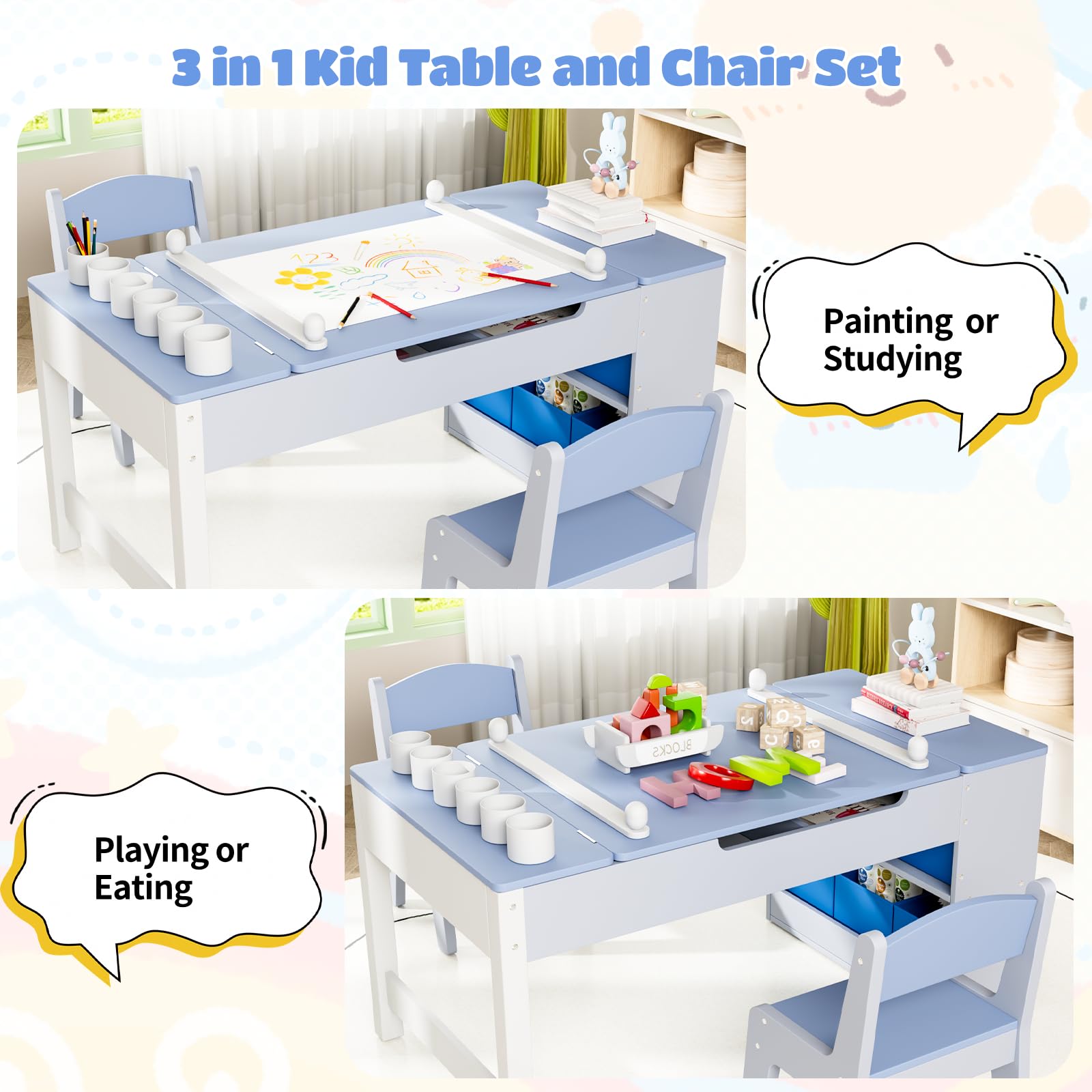 3-in-1 Kids Art Table and Easel Set