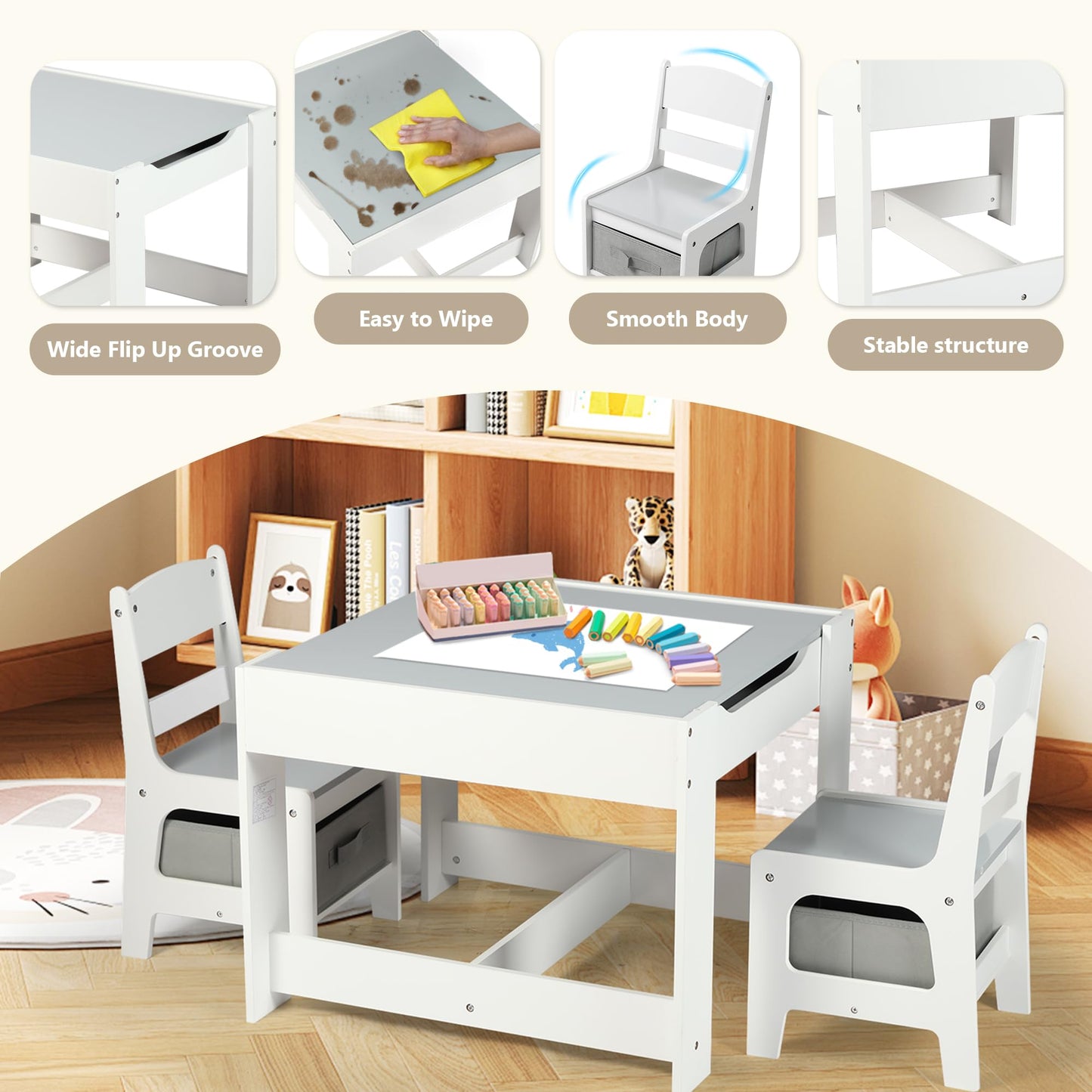Kinder King 4 in 1 Kids Wood Table & 2 Chairs Set