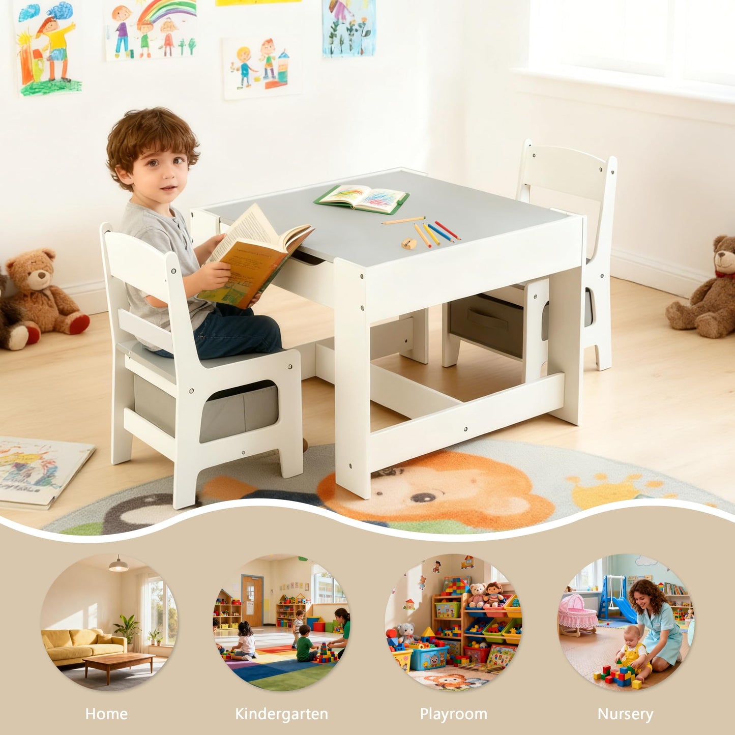 Kinder King 4 in 1 Kids Wood Table & 2 Chairs Set