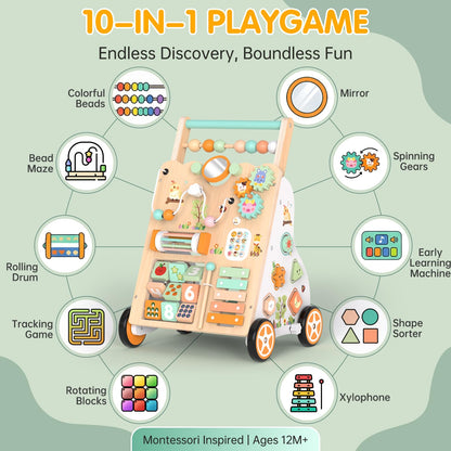 10-in-1 Montessori Wooden Baby Walker for Toddlers