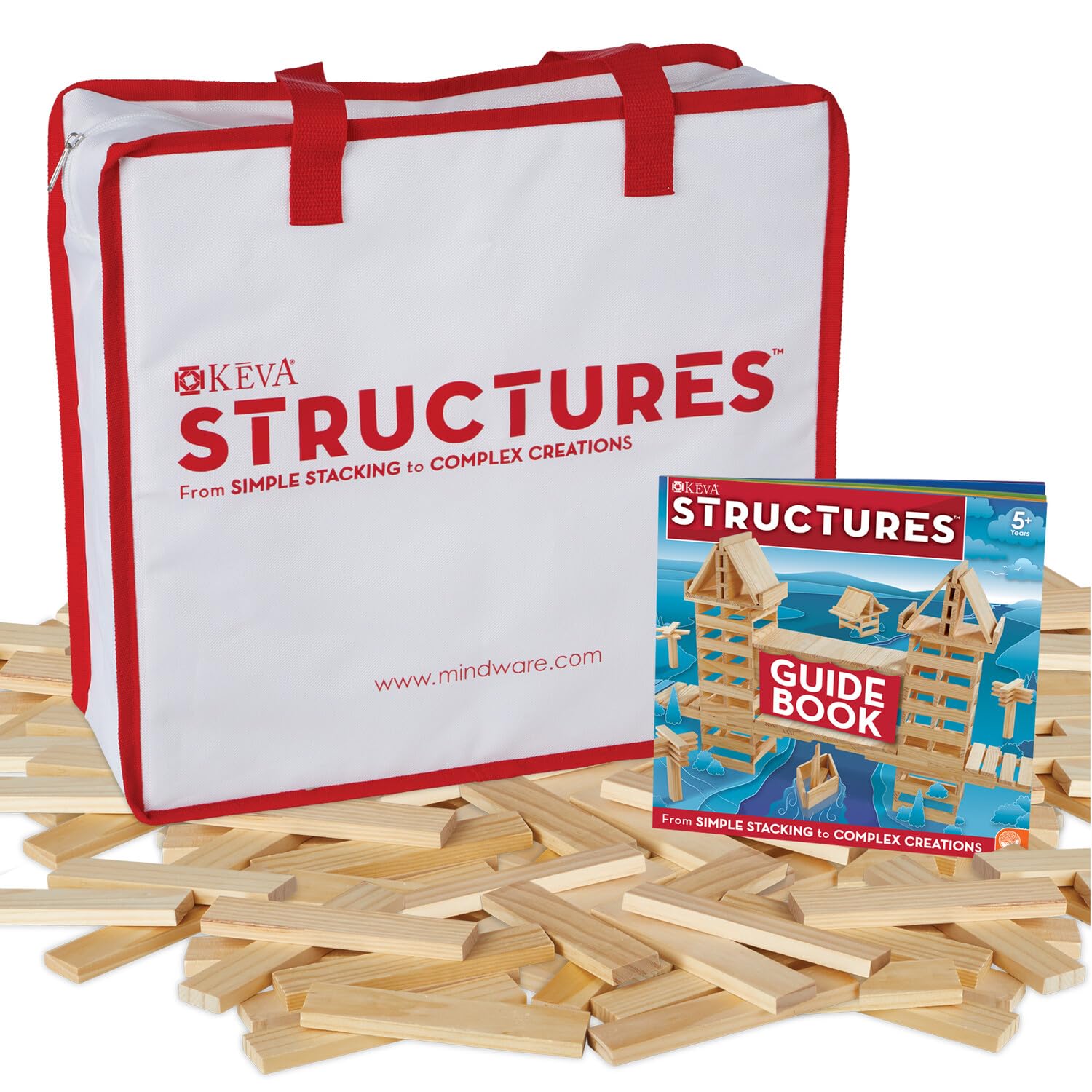 MindWare KEVA Structures 400 Plank Wooden Building Blocks Set - Includes 400 Pine KEVA Planks, Canvas Storage Bag and Full-Color Idea Book