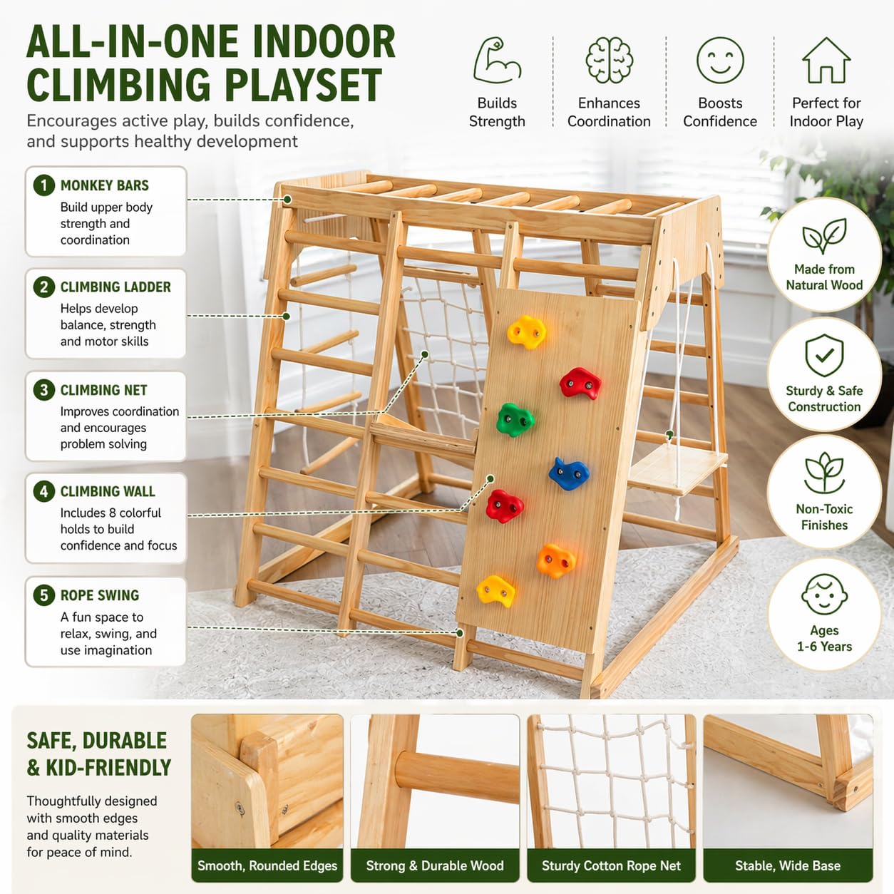 6-in-1 Wooden Indoor Playground Climber for Kids