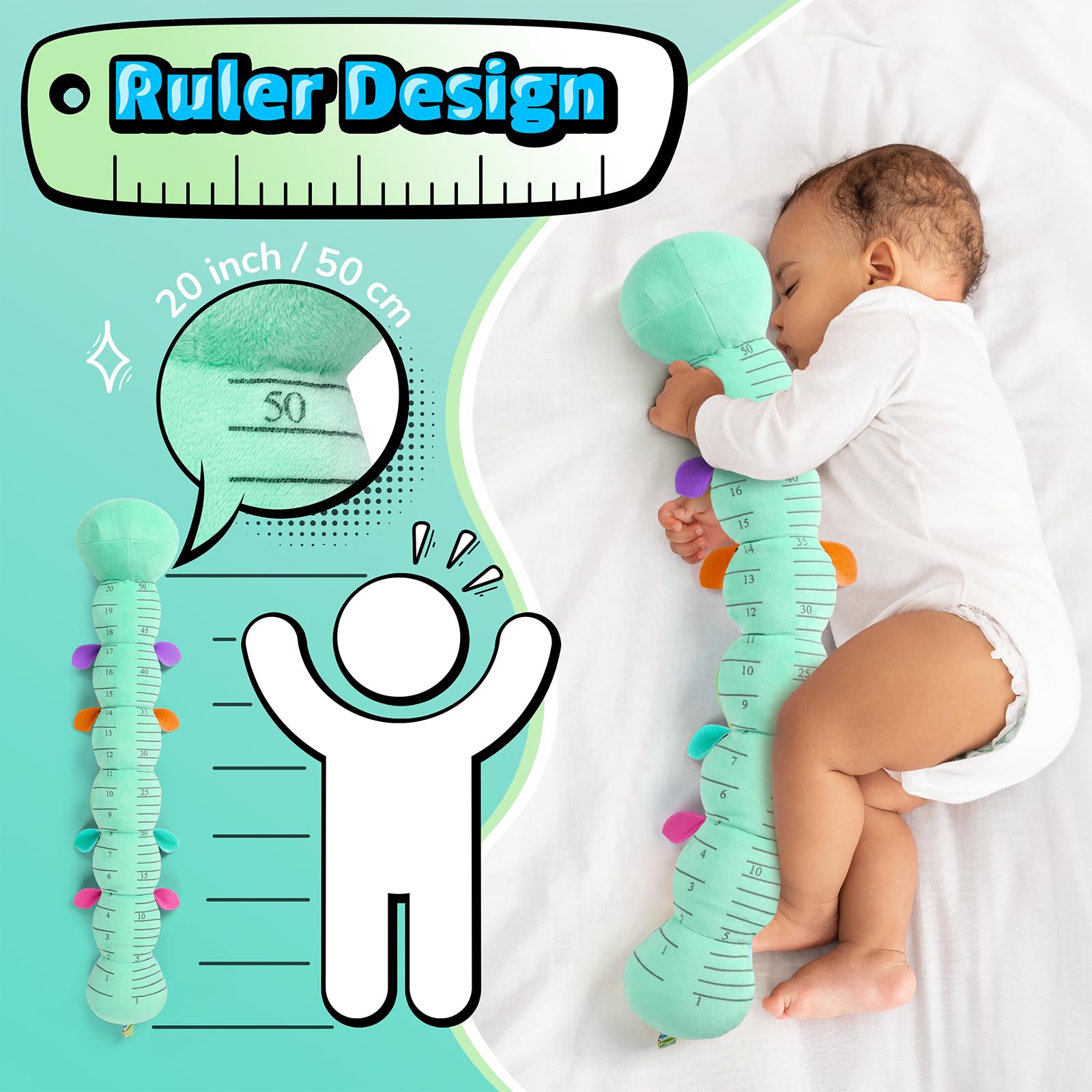 LIGHTDESIRE Baby Toys 6-12 Months Musical Caterpillar,Stuffed Animals Infant Toys 0-6 Months Sensory Toy with Ruler Design,Crinkle&Ring Bell,Baby Teething Toys for Tummy Time Boy Girl Gifts