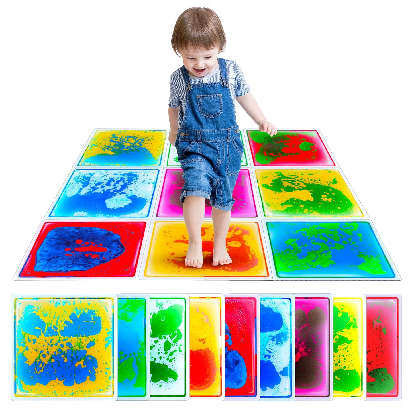 Sensory Floor Tiles: Liquid Play Mats Sensory Pads for Kids Toddlers, 9PCS Autism Sensory Toys, 12"x12" Lava Tiles for Dancing Learning, Special Education Classroom Must Haves, Gross Motor Development