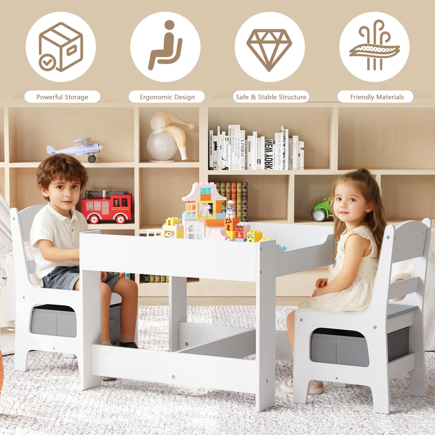 Kinder King 4 in 1 Kids Wood Table & 2 Chairs Set