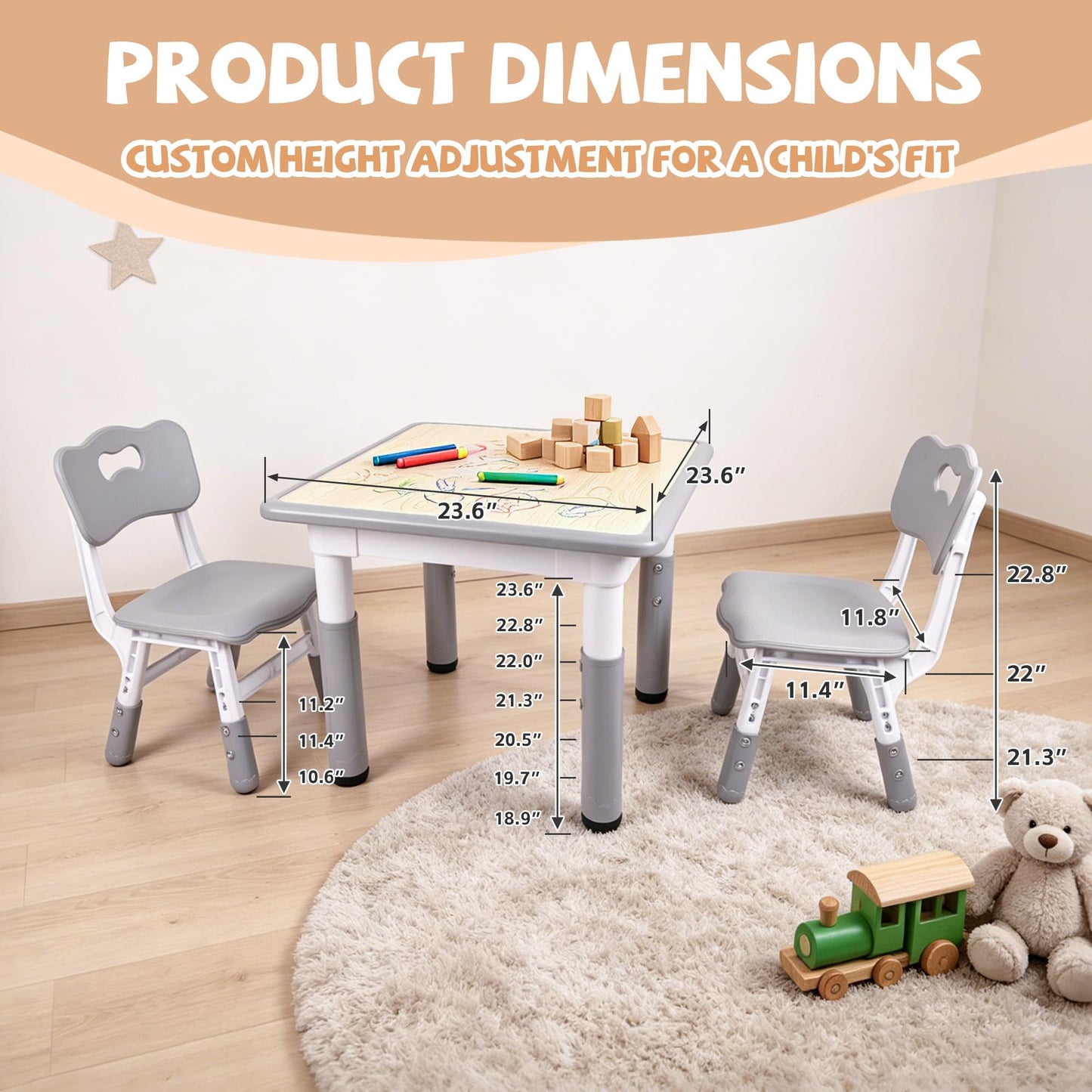 Height Adjustable Kids Table and Chairs Set
