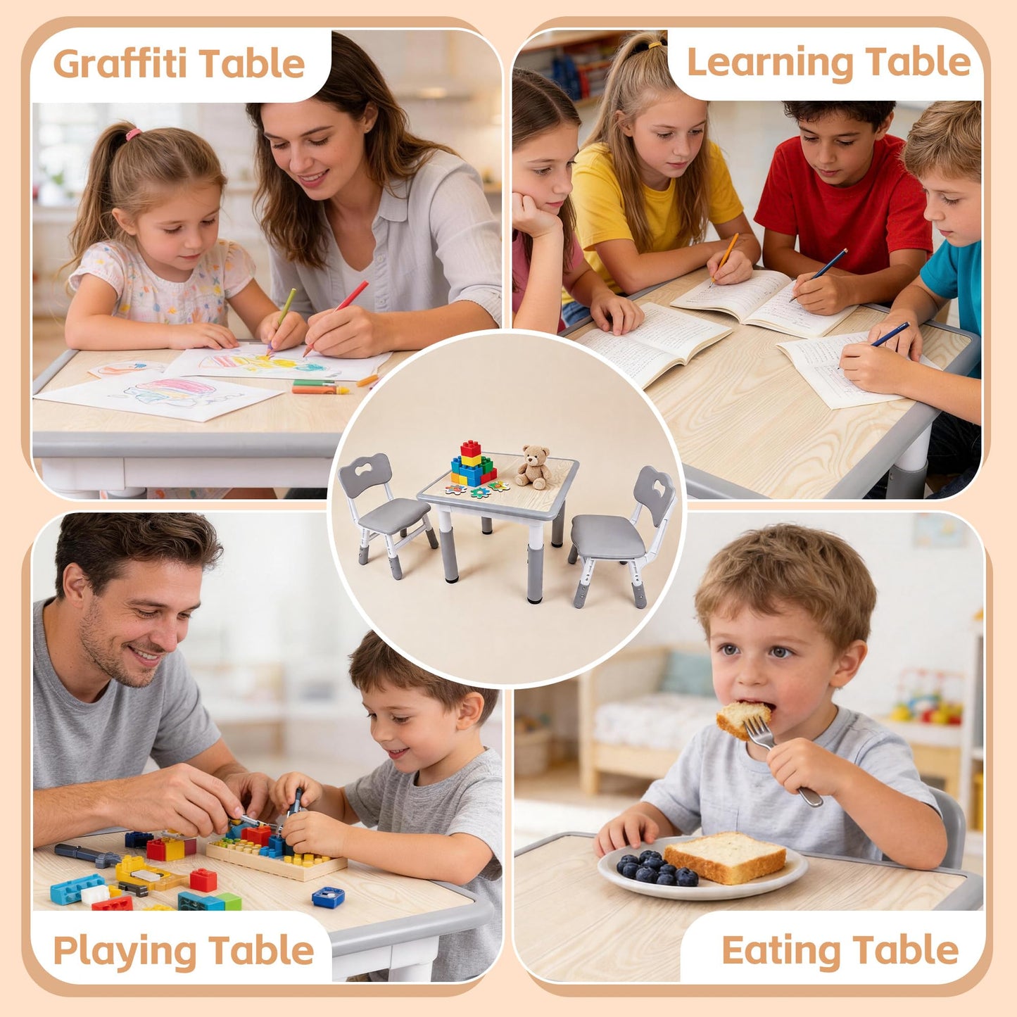 Height Adjustable Kids Table and Chairs Set